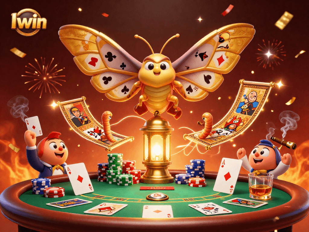 Iwin poker scene featuring an atlas moth and silk worms crafting casino-inspired tapestries.