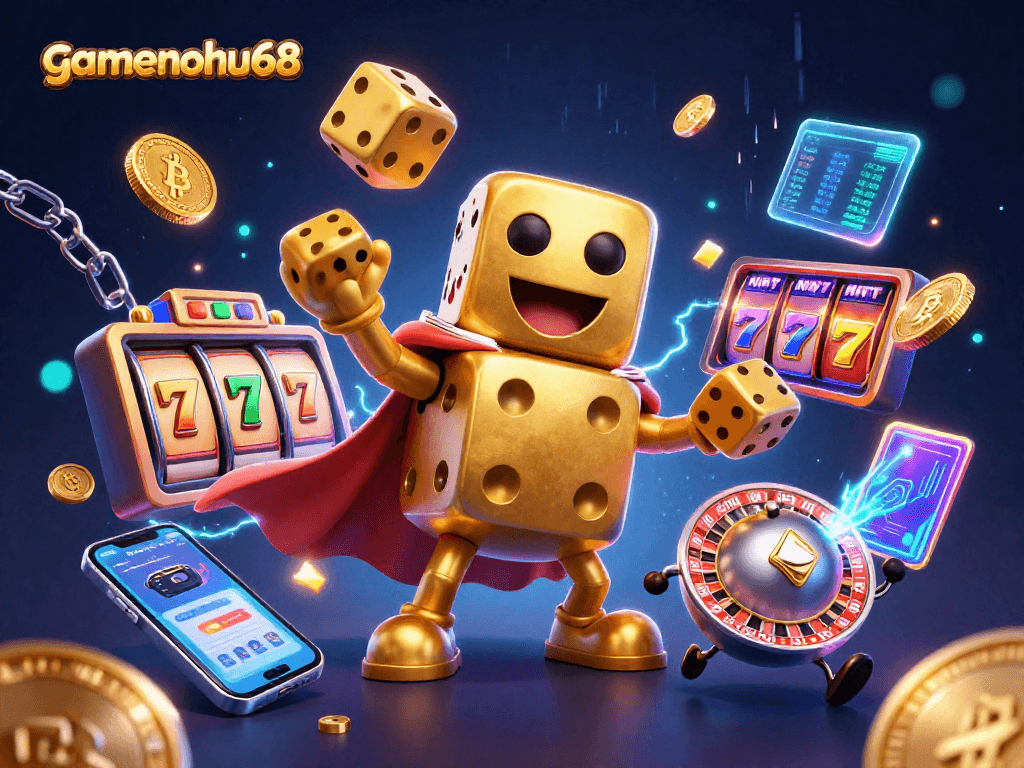 Experience excitement with gamenohu68, featuring a golden dice golem and vibrant slot machines.