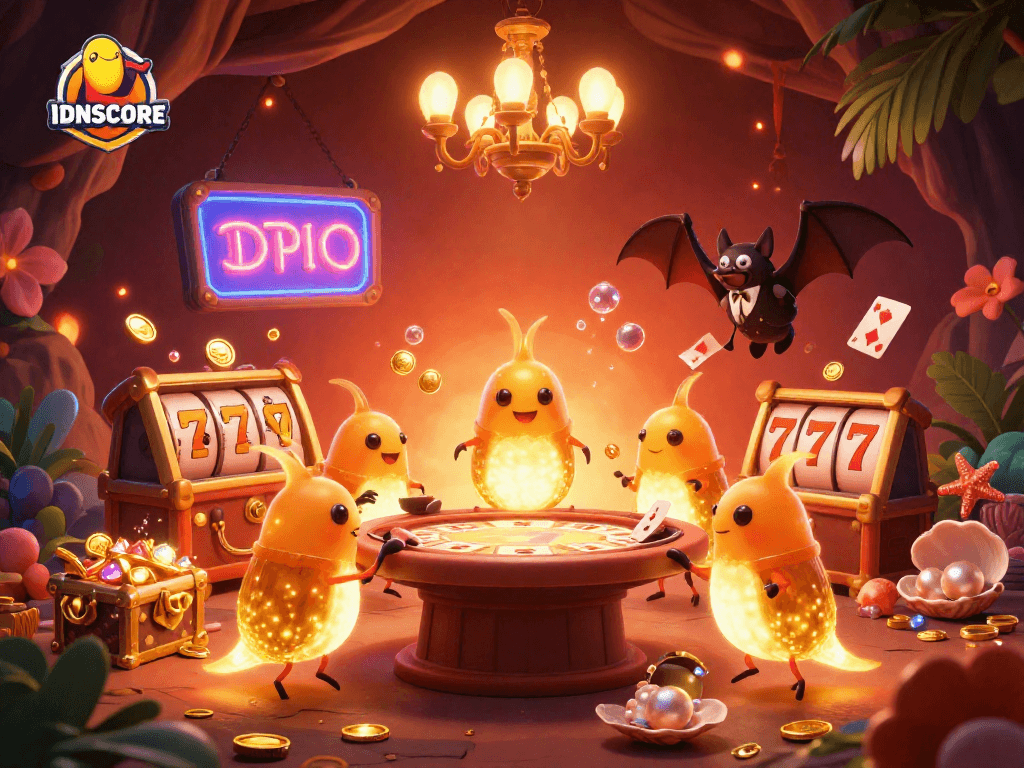 Experience thrilling wins with IDNSCORE at a vibrant cave casino lit by glowworms.