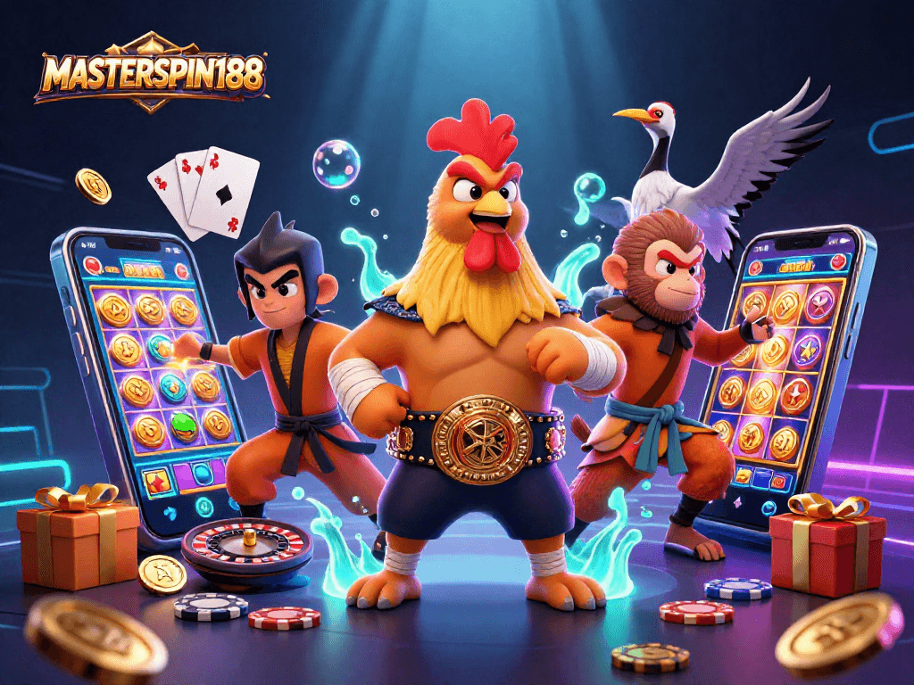 Experience thrilling gaming with MASTERSPIN188 featuring cartoon characters and dynamic casino elements.