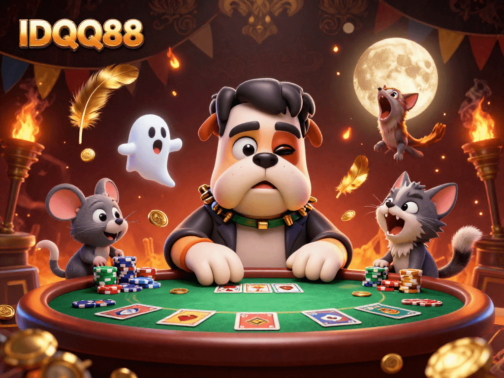 IDQQ88 fun poker night with a Frankenstein bulldog dealer amidst ghostly excitement.