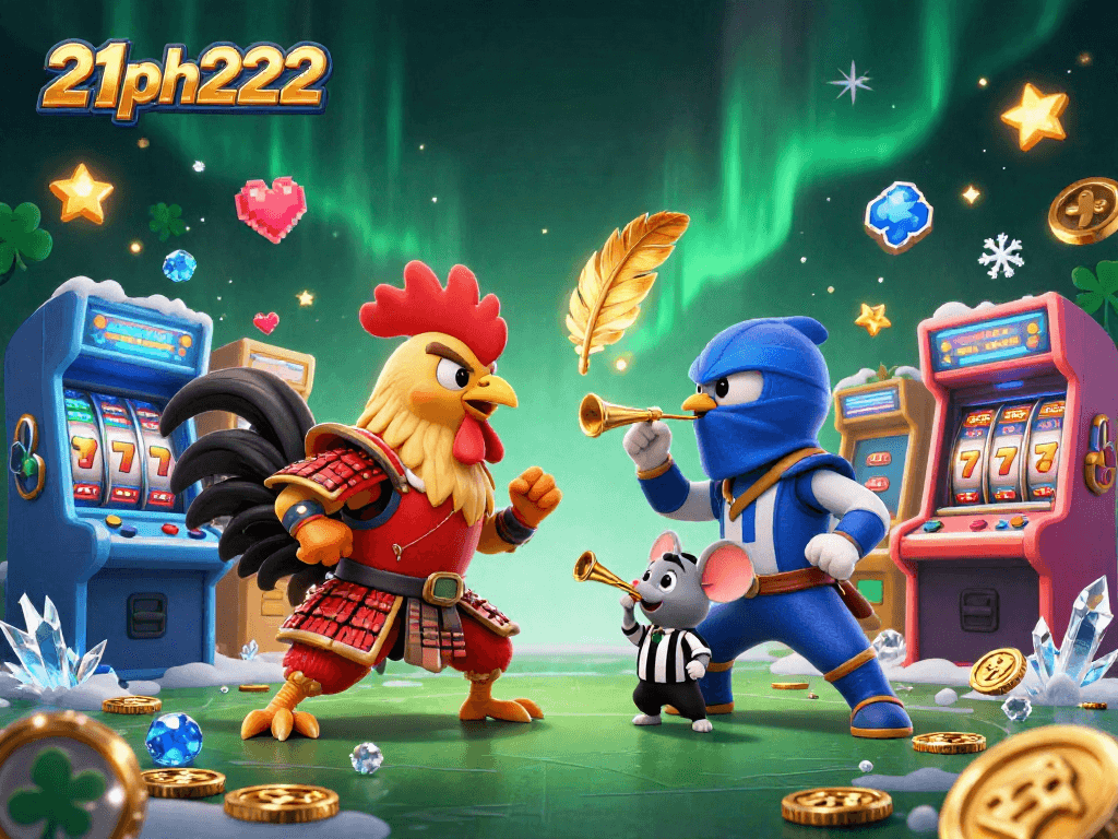 21ph222 showcases an intense clash between roosters in samurai and ninja gear amid vibrant slot game elements.