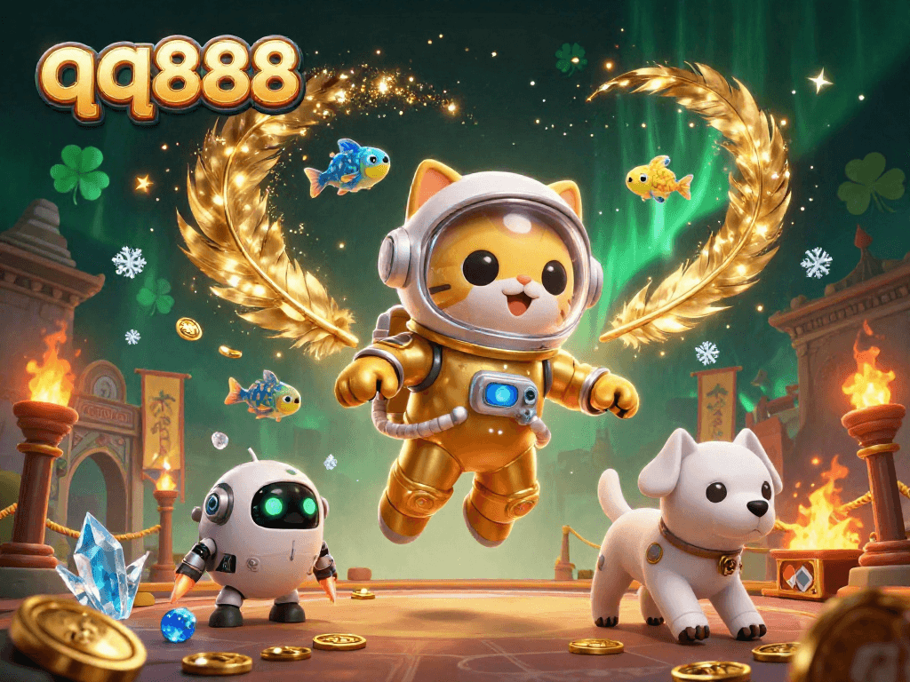Engage in exciting fun with qq888 through this vibrant, ultra-detailed online casino scene.