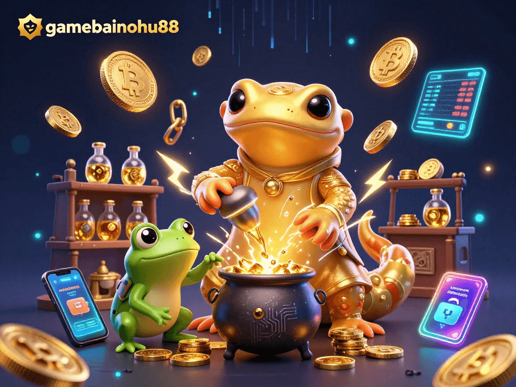 Engage with gamebainohu88, featuring an alchemist and frog in a vibrant casino-themed laboratory.