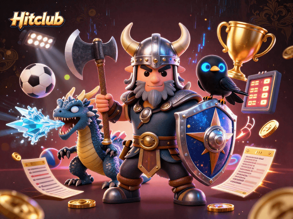 Experience the excitement of sports betting with Hitclub featuring a Viking wolf warrior and dynamic sports elements.