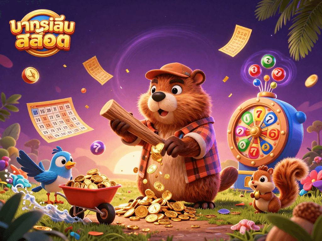 Experience exciting ทดลองเล่นสล็อต action with a beaver and friends in a vibrant casino-themed illustration.