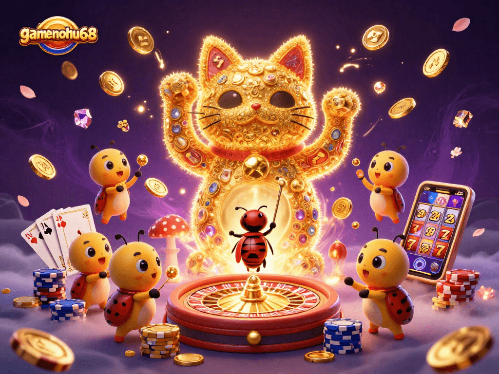 Experience gamenohu68's magical casino world with dynamic symbols, golden coins, and vibrant fireflies.