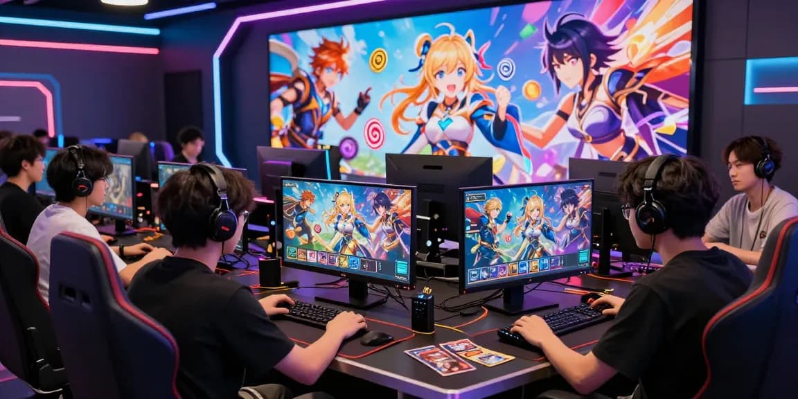 Players strategizing in a vibrant online gaming setup featuring gacha168 collectibles and neon lights.