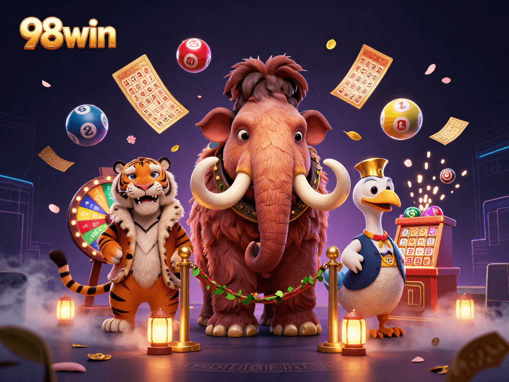 Engage in thrilling games at 98win's colorful casino door with vibrant characters and dynamic lottery elements.