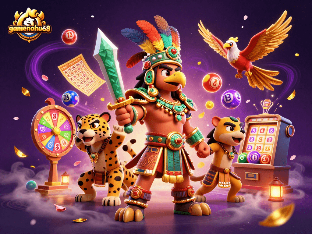 Engage with gamenohu68's vibrant lottery scene featuring dynamic colorful elements and victorious characters.