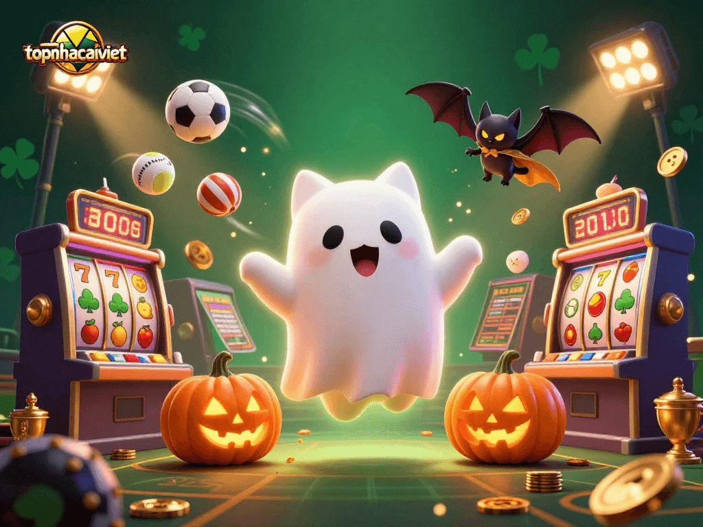 Engage with topnhacaiviet in an exciting haunted casino scene featuring animated characters and vibrant gaming elements.