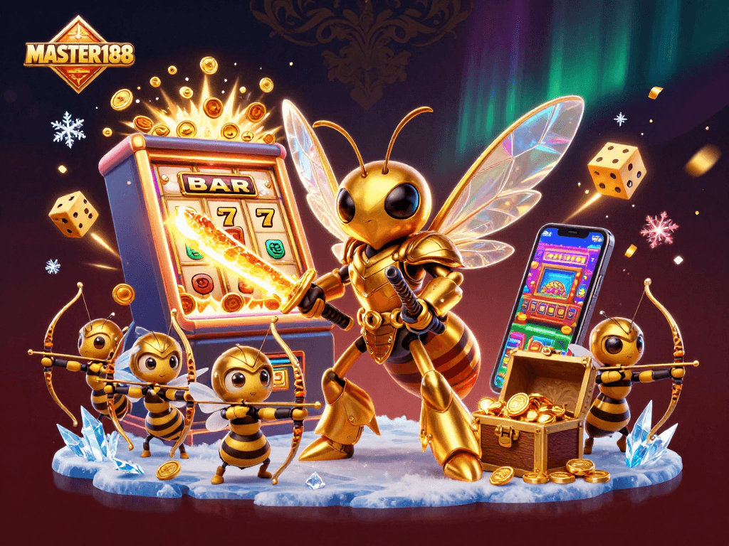 Engage with the vibrant world of MASTER188 featuring a golden samurai hornet among casino elements in 3D.