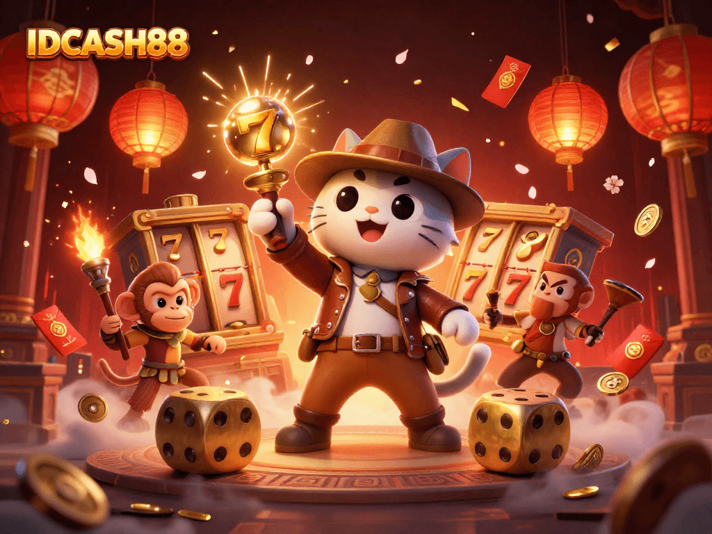 Win big with IDCASH88 in an ultra-detailed 3D illustration showcasing vibrant casino elements and anime-style characters.