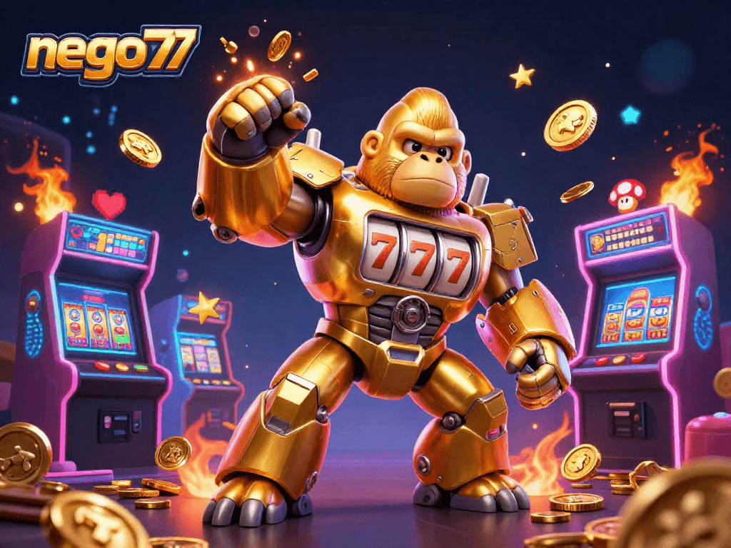 Experience the excitement of nego77 with the golden gorilla mech and vibrant slot elements!