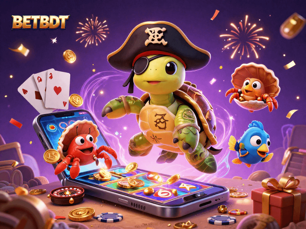 BetBDT showcases a vibrant 3D scene with a turtle and crab among dynamic casino elements, celebrating wins.