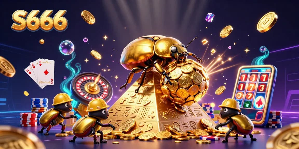 S666 players enjoy a vibrant casino scene filled with golden coins, roulette wheels, and dynamic gaming elements.