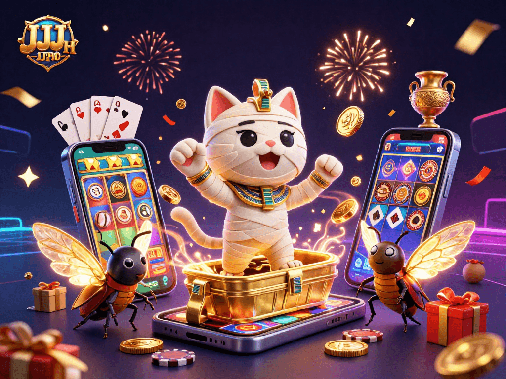 Mag-enjoy ng nakakatuwang JJJPH slots kasama ang 3D cartoon mummy cat at iba pang mga simbolo ng saya.