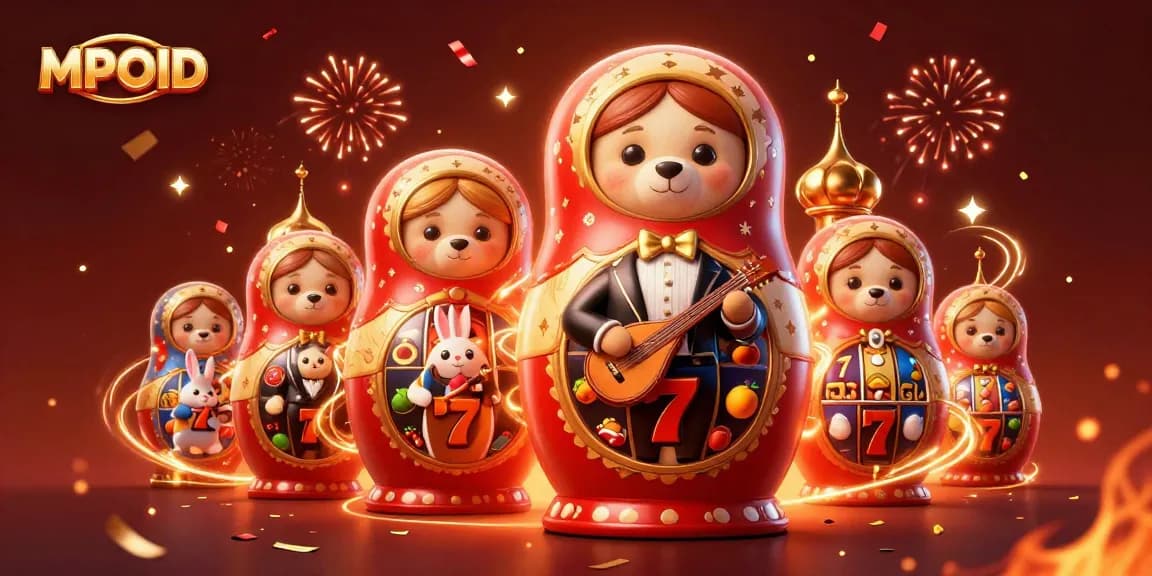MPOID showcases festive casino fun with 3D cartoon bears and vibrant gaming elements.