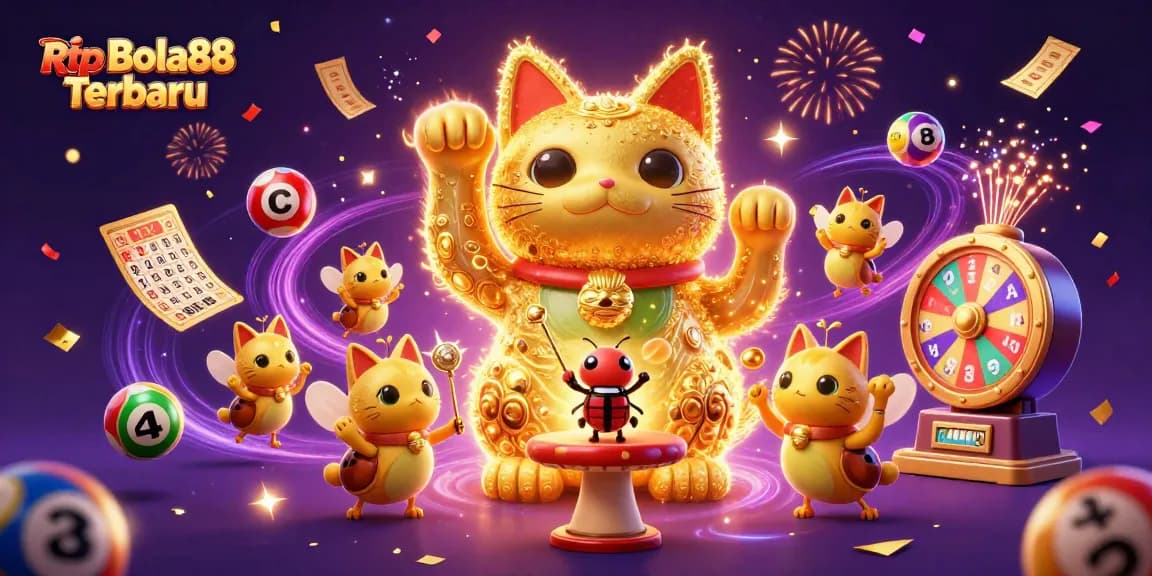 Play and win with Rtp Bola88 Terbaru, featuring a lucky cat and dynamic casino elements in a colorful scene.