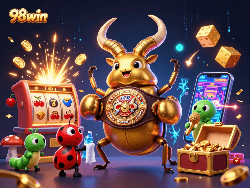 98win delivers thrilling casino wins with a 3D golden stag beetle champion amidst lively gaming elements.