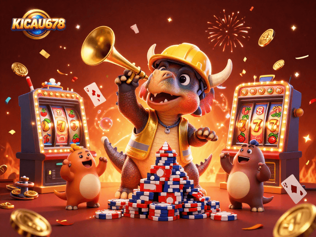 KICAU678 celebrates with a triceratops building poker chips amidst vibrant casino elements.