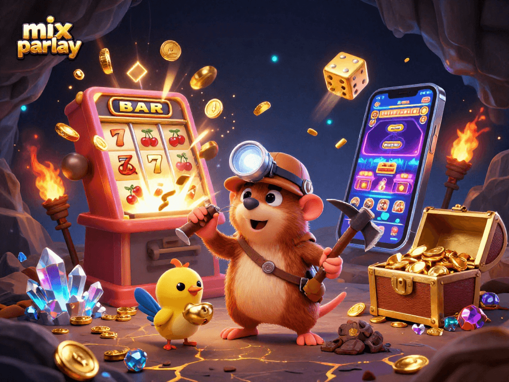Experience thrilling mix parlay betting with a treasure hunter mole and slot machine in action.