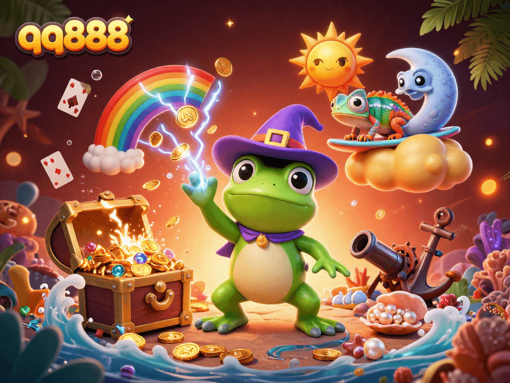 Experience thrilling wins at qq888 with a dynamic scene of a weather wizard frog amidst a treasure storm.