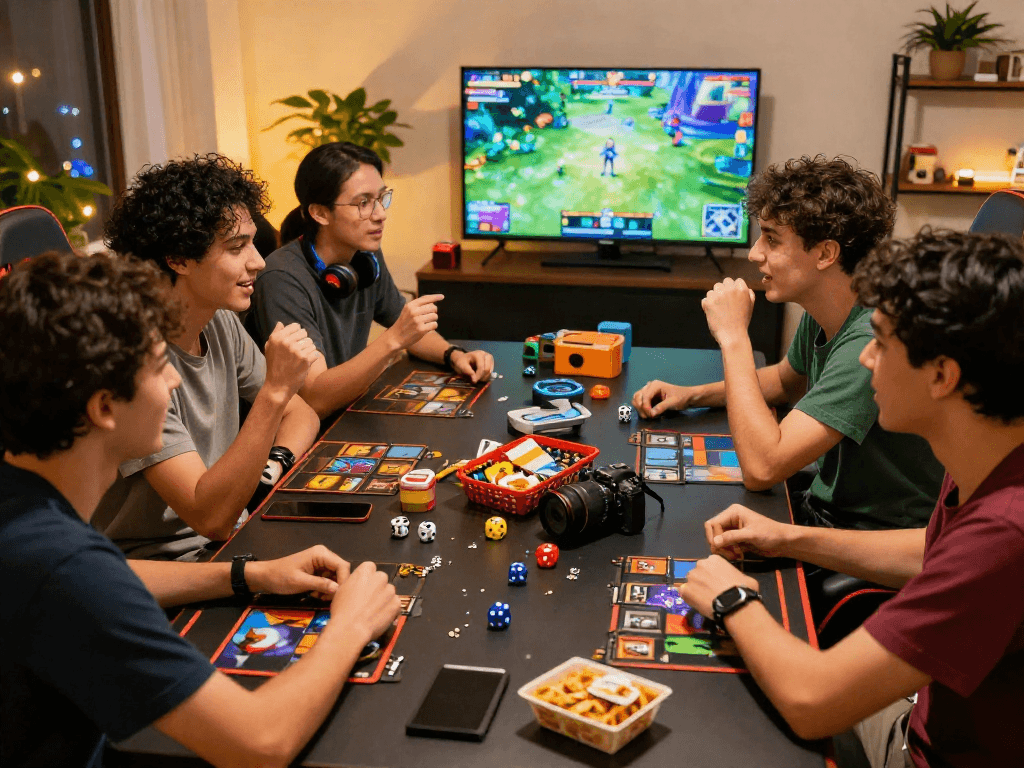 Friends enjoying kebuntoto gaming session with snacks and colorful accessories