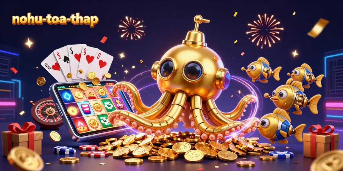 Nohu-toa-thap showcases a golden kraken submarine and mechanical fish swimming through a sea of golden coins.