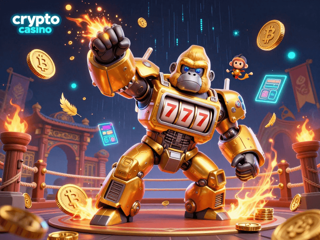 A dynamic crypto casino scene featuring a golden gorilla mech surrounded by coins and blockchain elements.