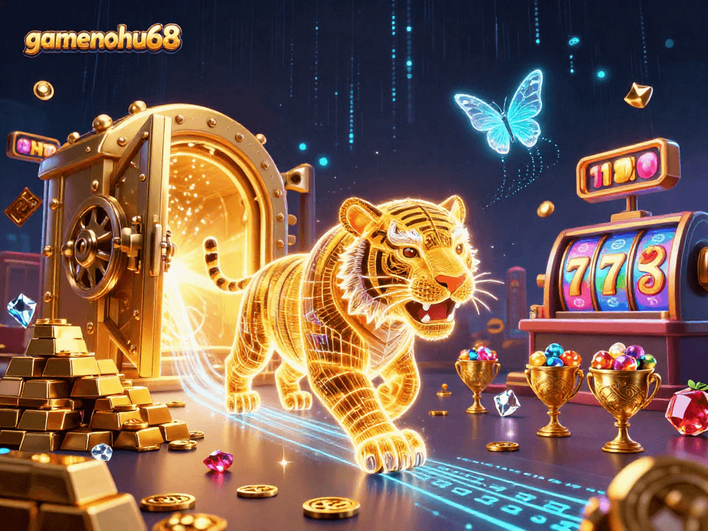 Engage with gamenohu68 in a vibrant casino scene filled with treasures and gaming excitement.