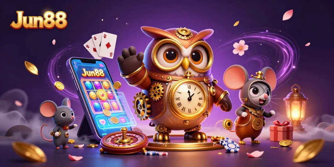Engage in thrilling gameplay at Jun88 with a time-traveling owl in a vibrant casino scene.