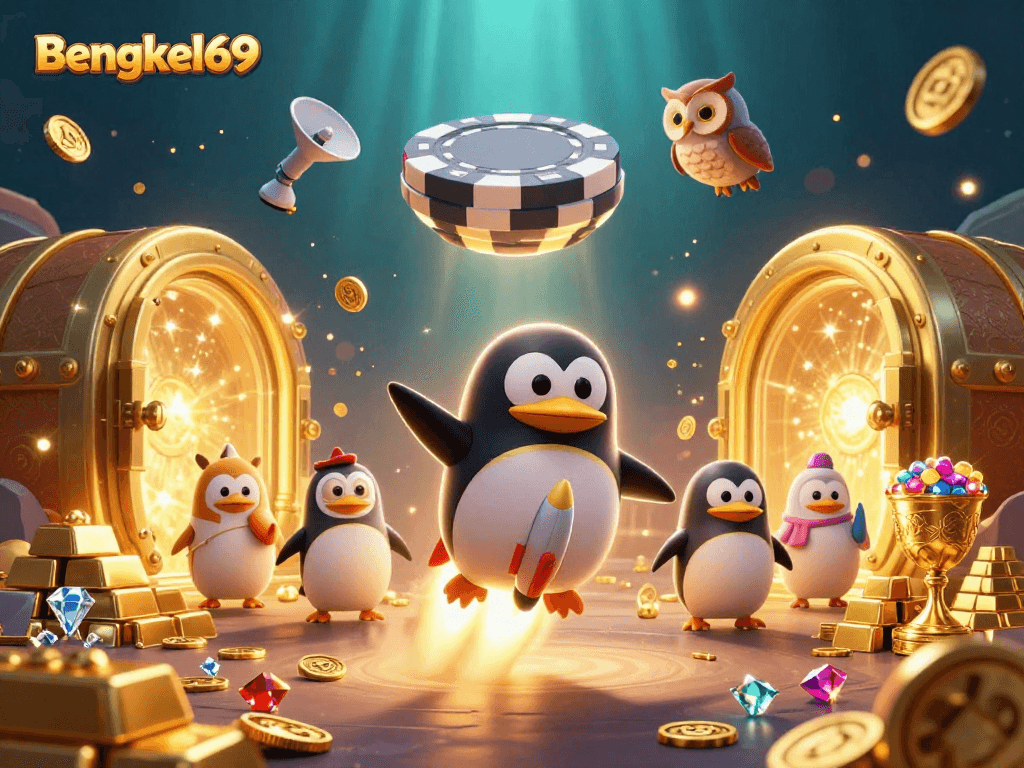 Experience excitement with Bengkel69 as a golden penguin approaches a casino space station.