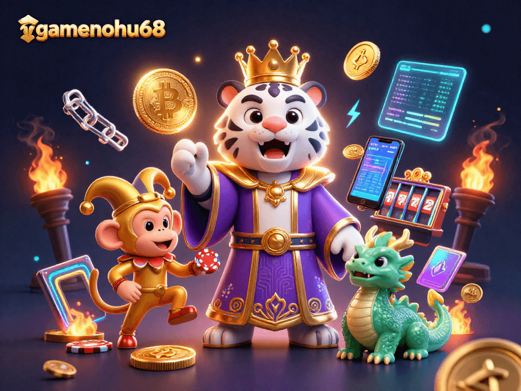 Experience gamenohu68 with a lively scene of vibrant casino elements and animated characters showcasing gaming excitement.