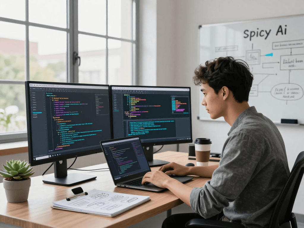 Dynamic workspace showcasing a software engineer coding innovative spicy ai applications with vibrant monitors and natural light.