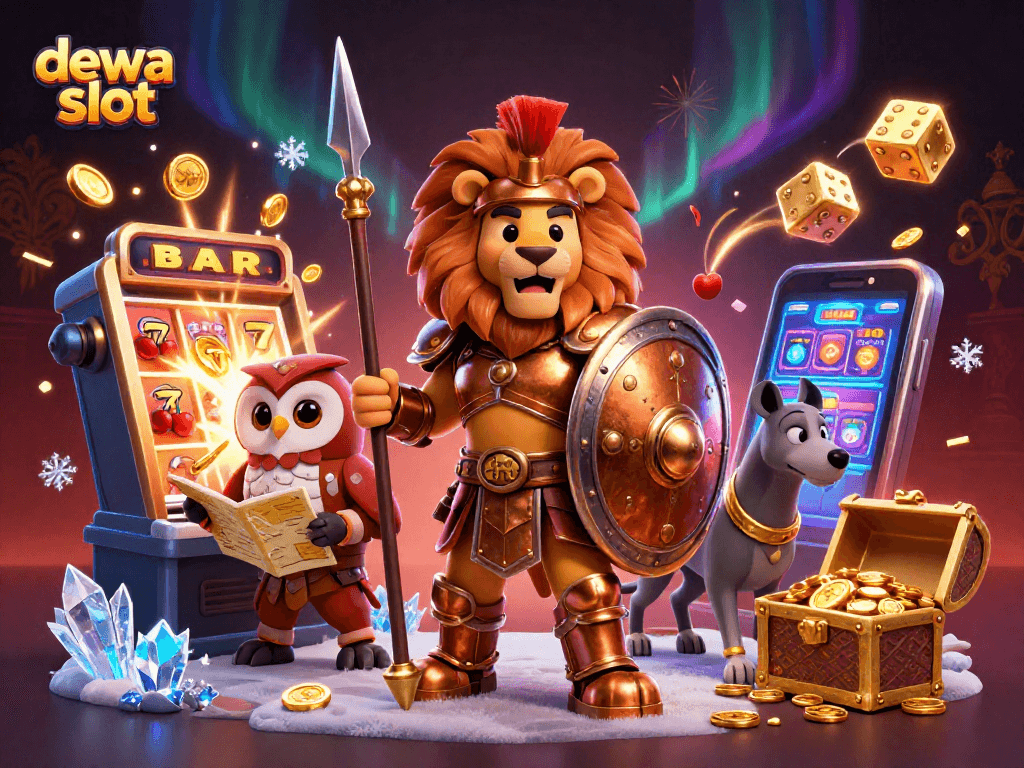 Menggambar dewa slot dengan berbagai simbol keberuntungan dan petualangan jackpot dalam permainan kasino.
