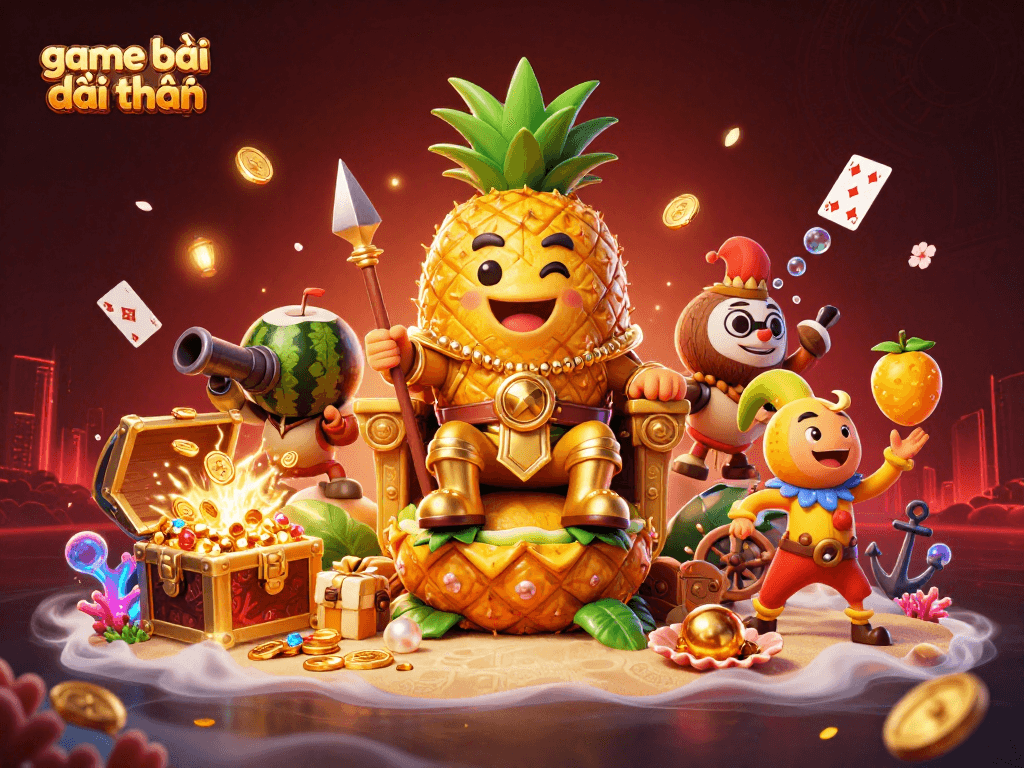 Enjoy game bài đổi thưởng with a vibrant 3D illustration of a casino scene! Watch the golden pineapple king and more!