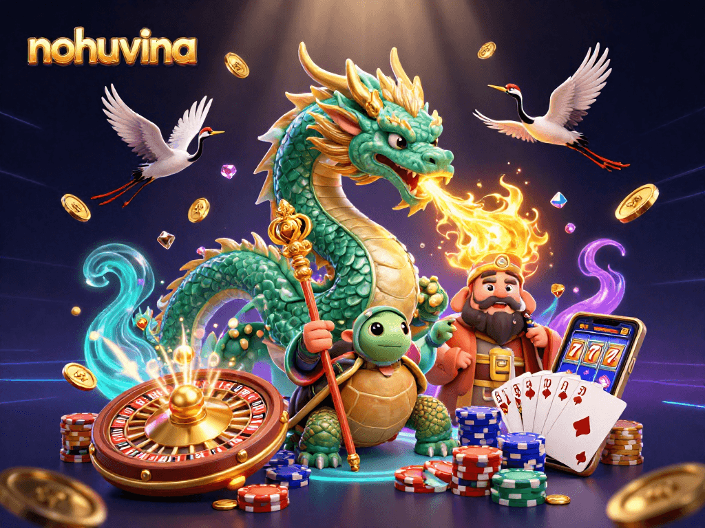 Nohuvina showcases a vibrant dragon and turtle in an action-packed casino scene filled with lucky symbols.