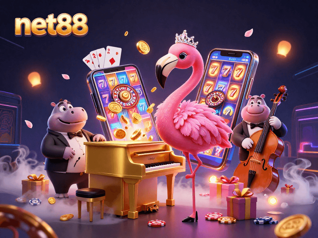 Spin and win exciting games at net88 with a vibrant 3D casino scene featuring flamingo and hippo!