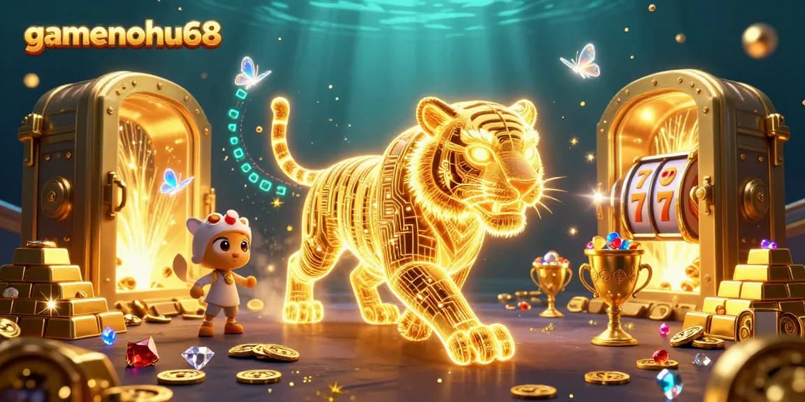 Join the excitement at gamenohu68 with vibrant 3D casino scene featuring golden tiger and slot reels.