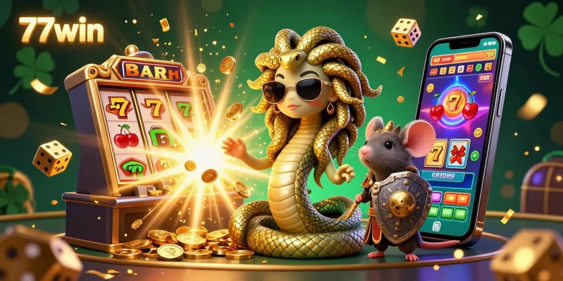 Experience the thrill of 77win with jackpot symbols, Medusa, and slot machines in an exciting casino scene.