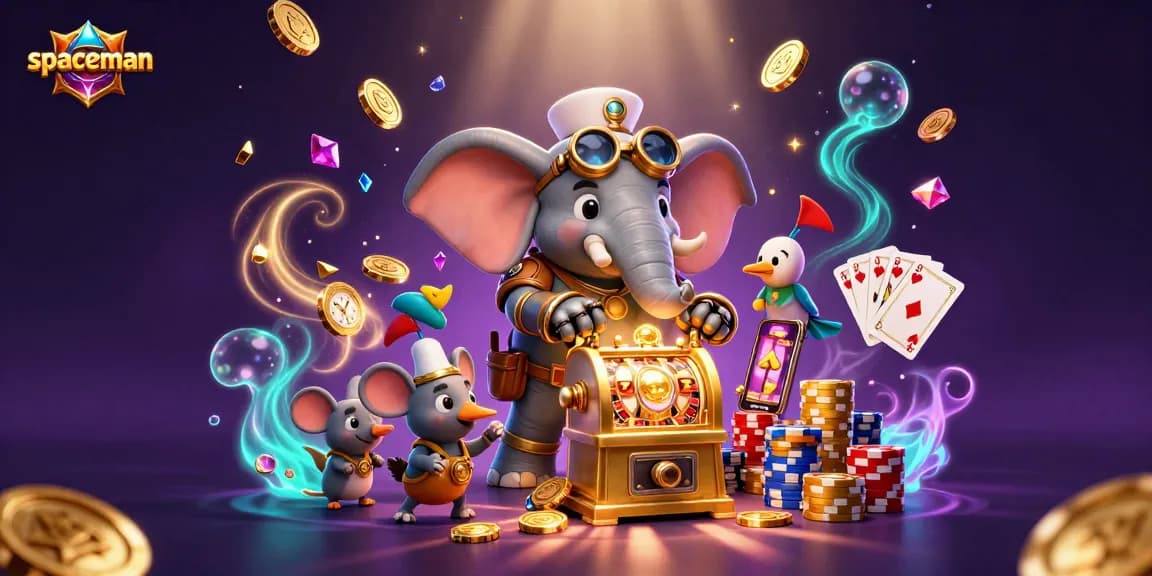 Spaceman character engaging with a dynamic golden slot machine, surrounded by casino treasures and action.