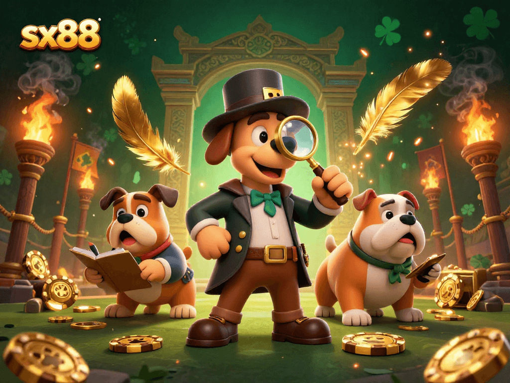 SX88 players strategizing with golden poker chips, revealing clues in a vibrant casino scene