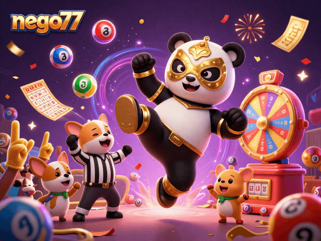 Engage with the lively scene of nego77, showcasing a wrestling panda amid dynamic casino elements.