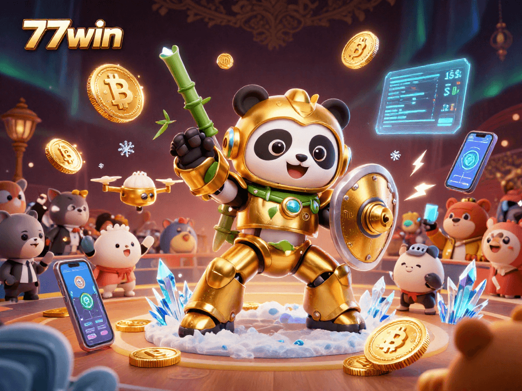 Win big with 77win in a vibrant cartoon-style casino scene featuring thrilling crypto elements.