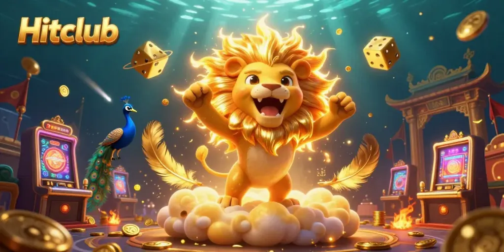 Experience the vibrant Hitclub casino atmosphere with a roaring lion, golden dice, and thrilling game elements.