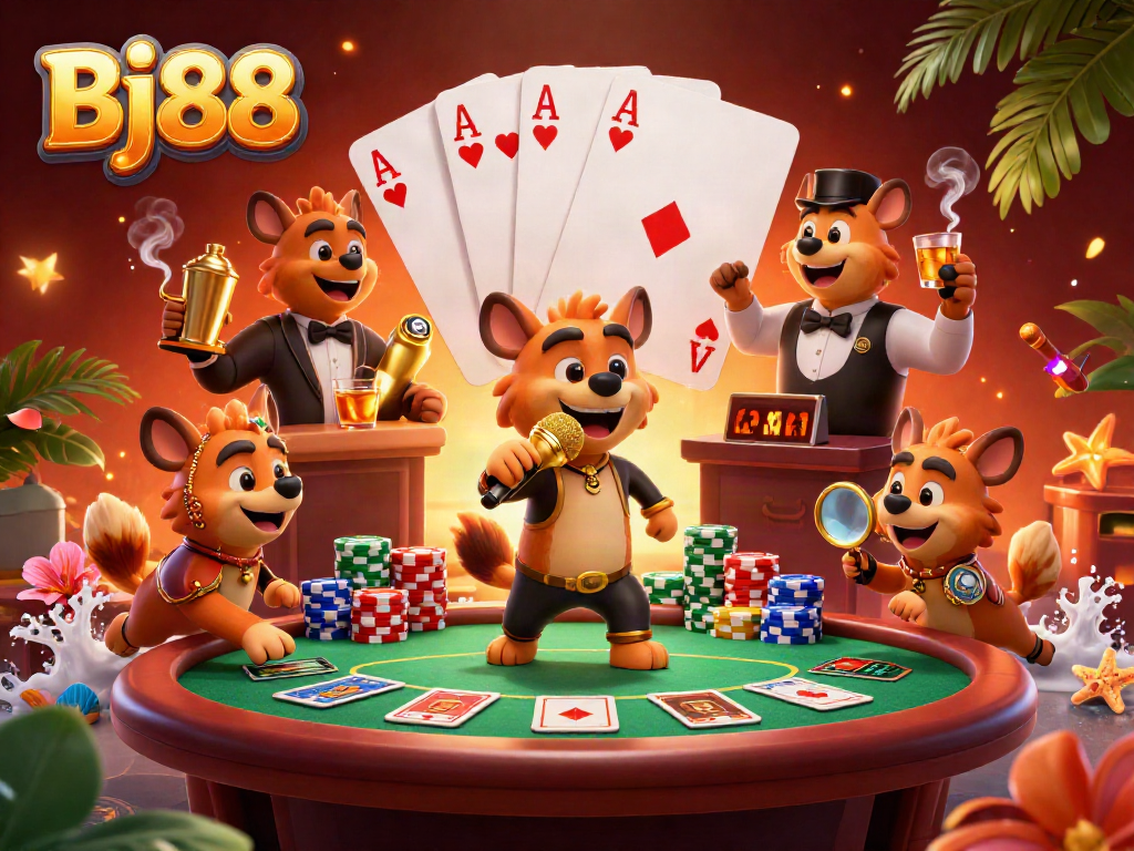 Bj88 showcases a vibrant 3D scene of lively hyenas entertaining at a casino, vibrant gaming elements enhancing the experience.