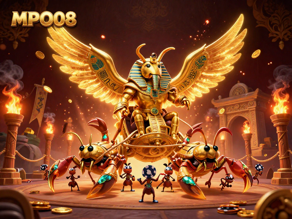 MPO08 features a vibrant illustration with a colossal golden scarab beetle and poker chip soldiers battling in a dynamic casino scene.