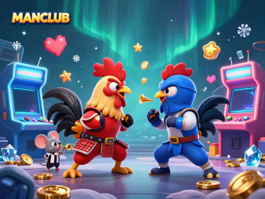 Experience the thrill of MANCLUB with fierce roosters battling amidst dazzling casino elements.
