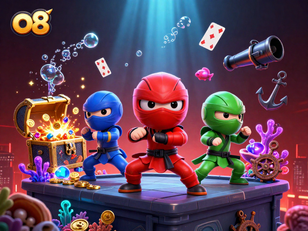 Engage with thrilling games at o8 featuring a vibrant scene of chameleons in action amidst colorful casino elements.